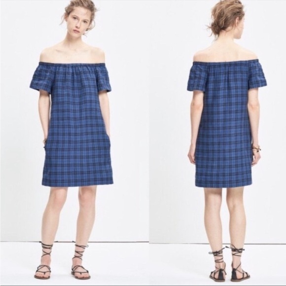 MADEWELL Plaid Off the Shoulder Dress Blue Black Sheath Dress with Pockets - Picture 2 of 9